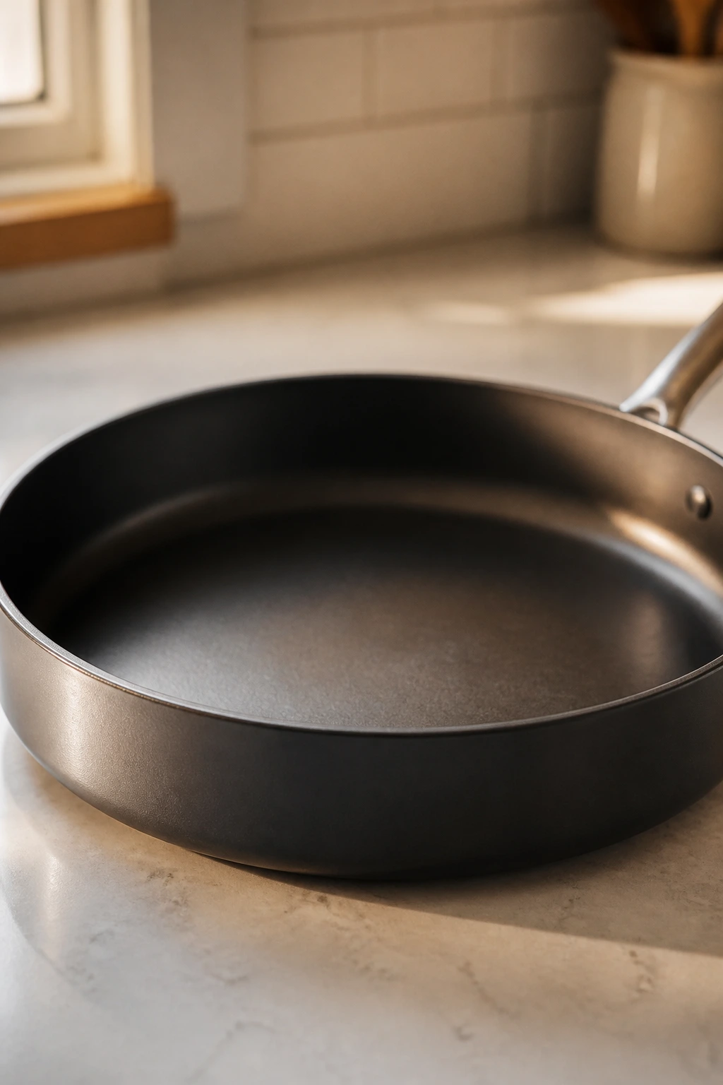 Close-up of a 12-inch skillet with straight sides on a kitchen counter