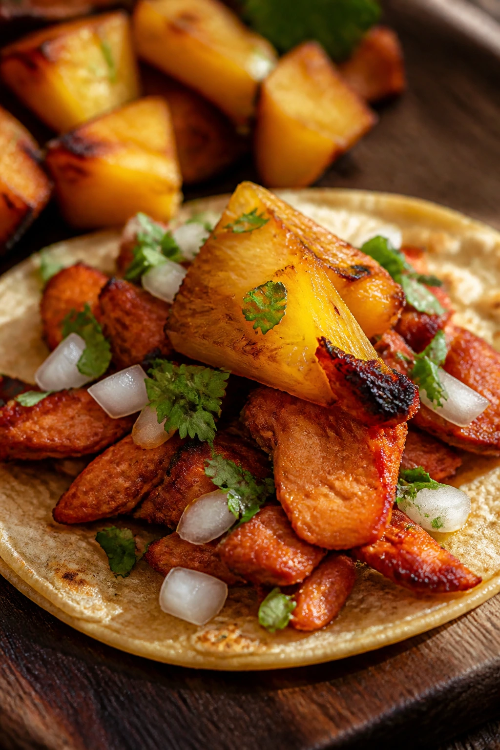Close-up of achiote chicken al pastor taco