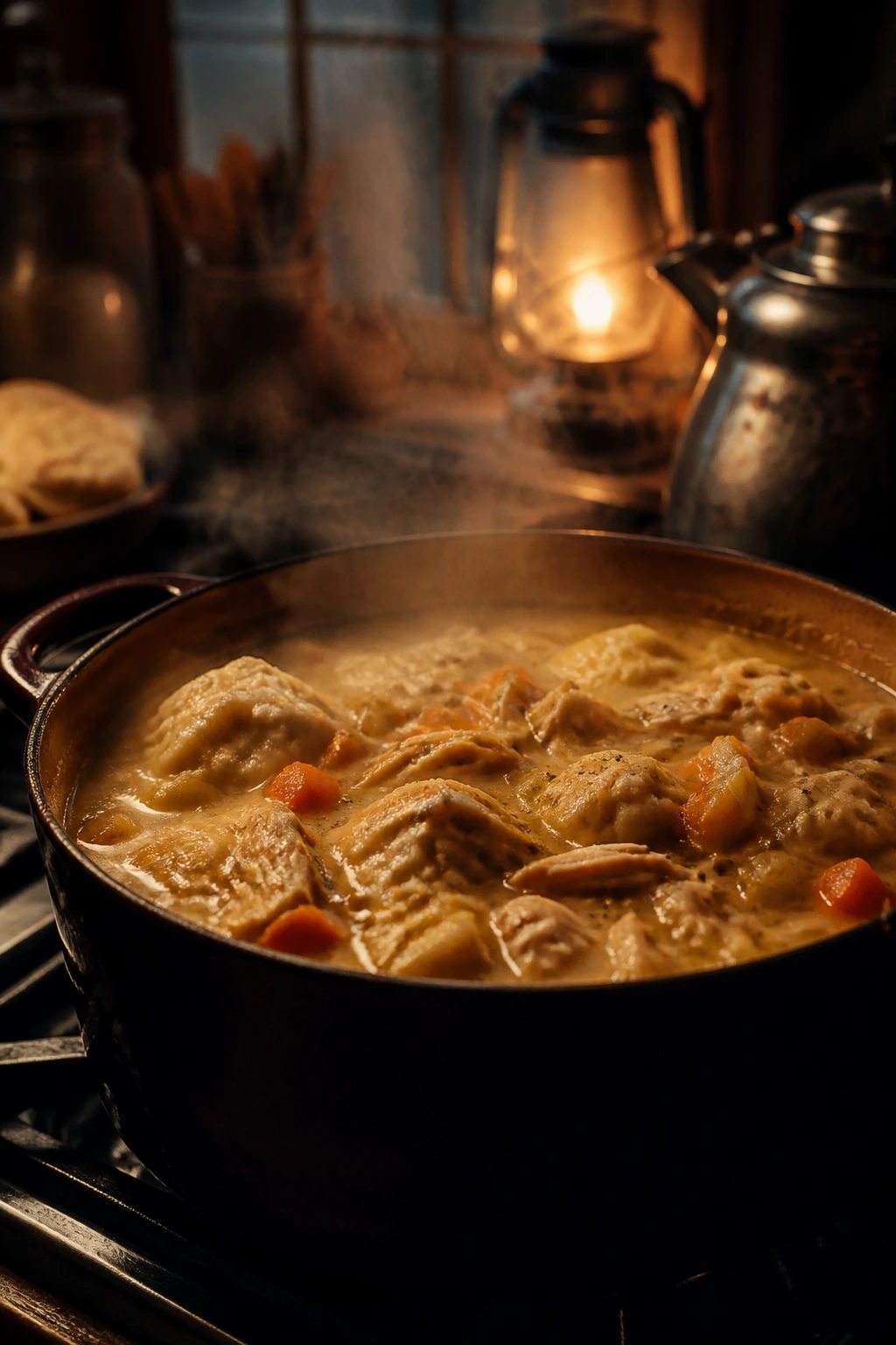 Moody kitchen scene with simmering pot and warm glow
