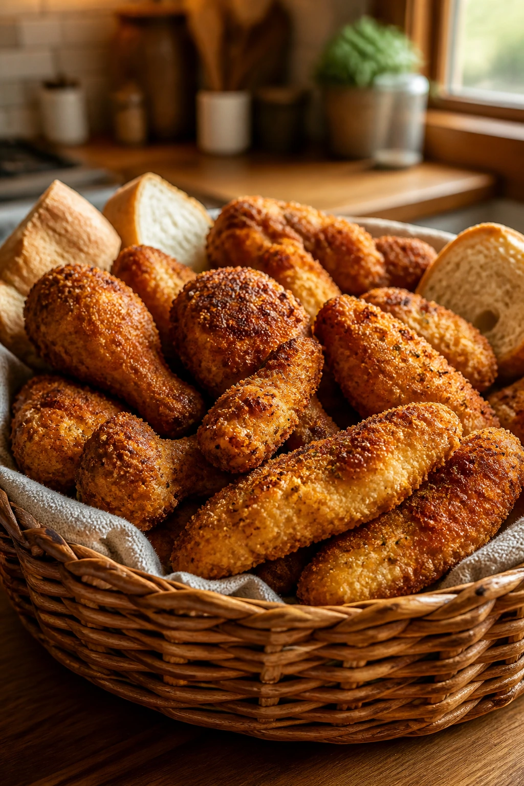 Close-up of a wicker dinner basket overflowing with golden air-fried chicken pieces on a wooden kitchen counter