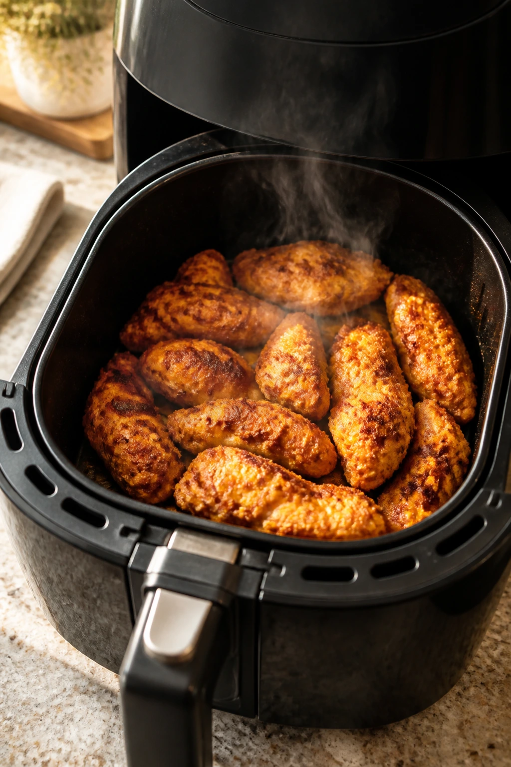 Open air fryer basket with crispy chicken pieces