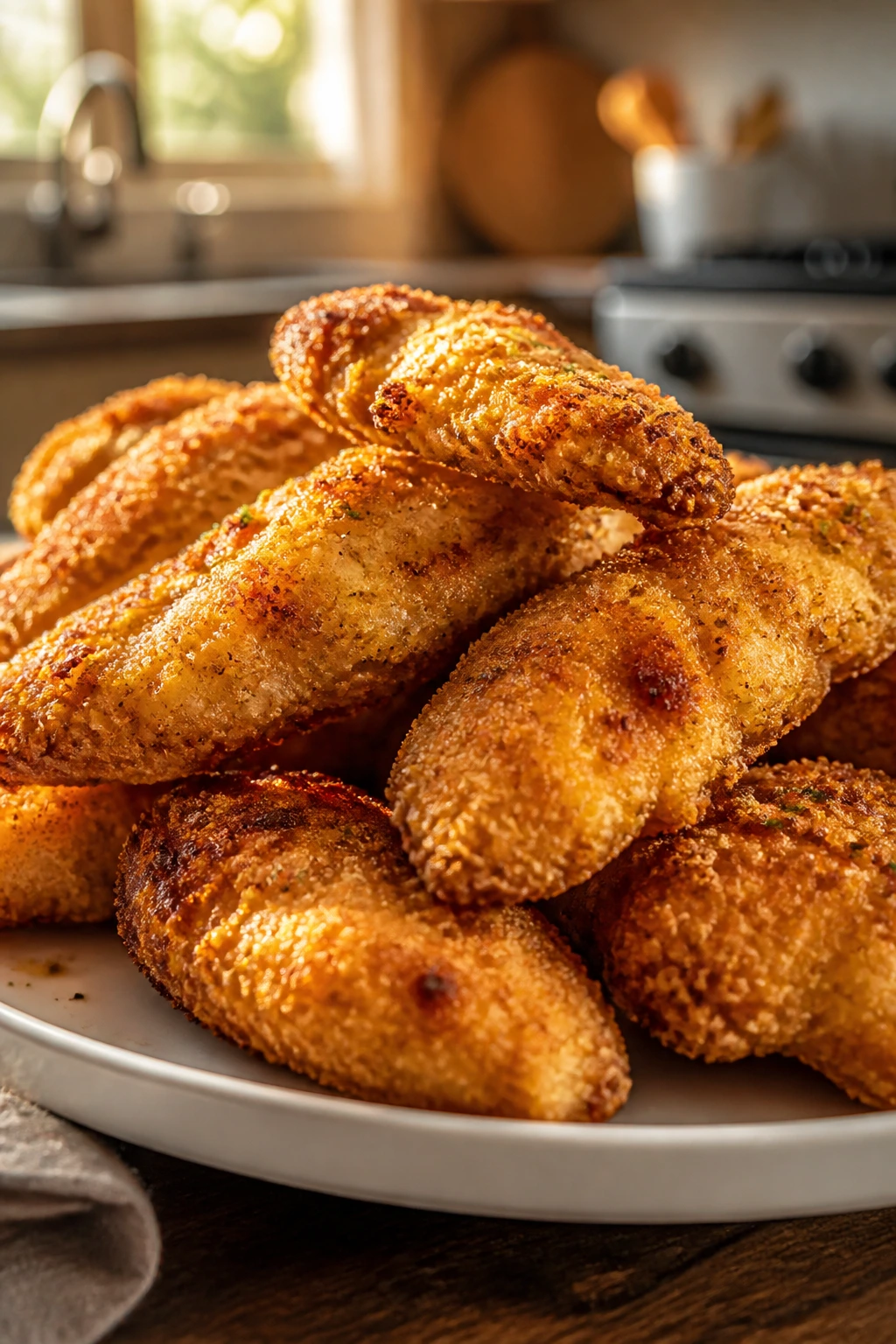Close-up of crispy air-fried chicken dinners on a plate in a warm kitchen