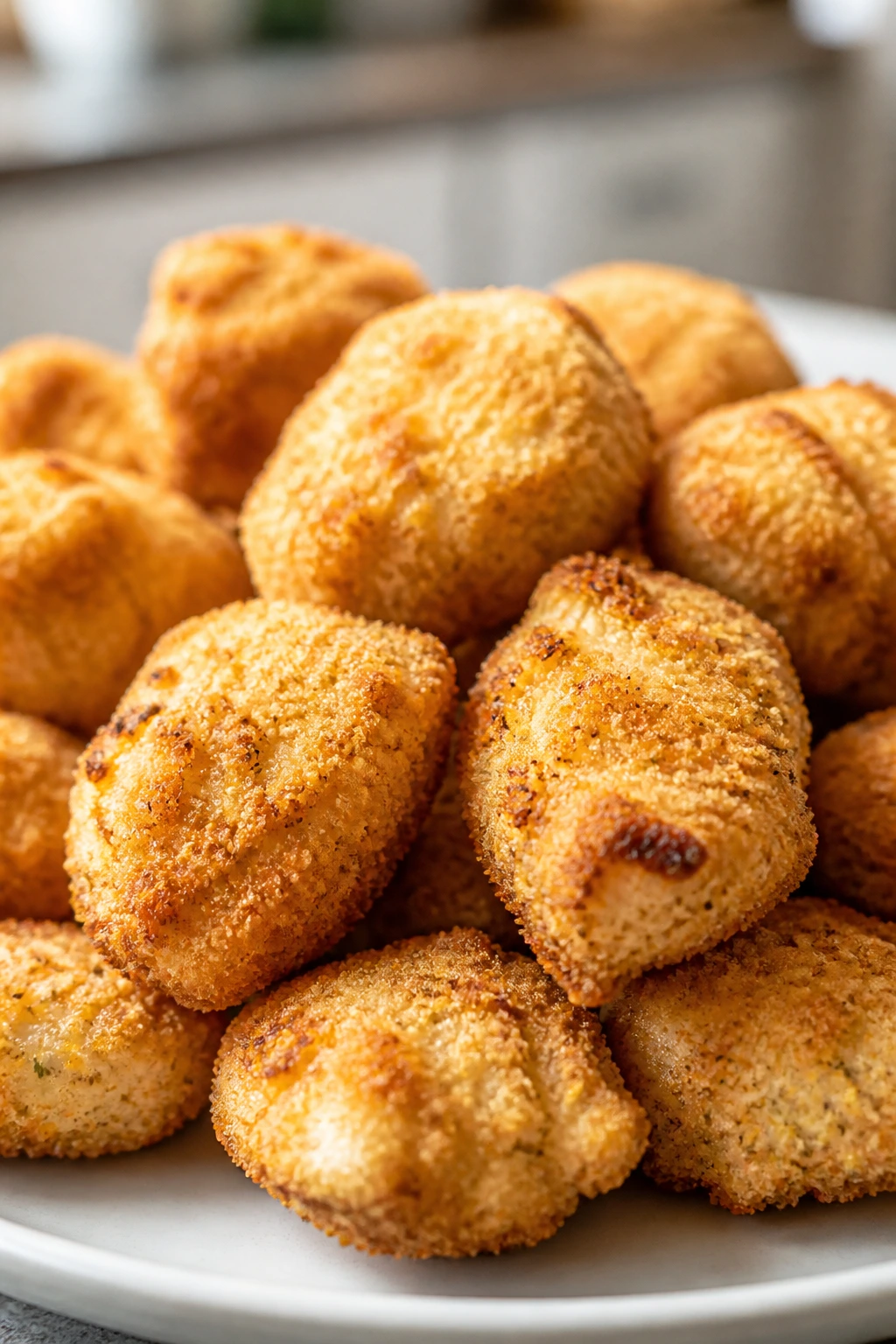Golden air fryer chicken nuggets on plate in kitchen