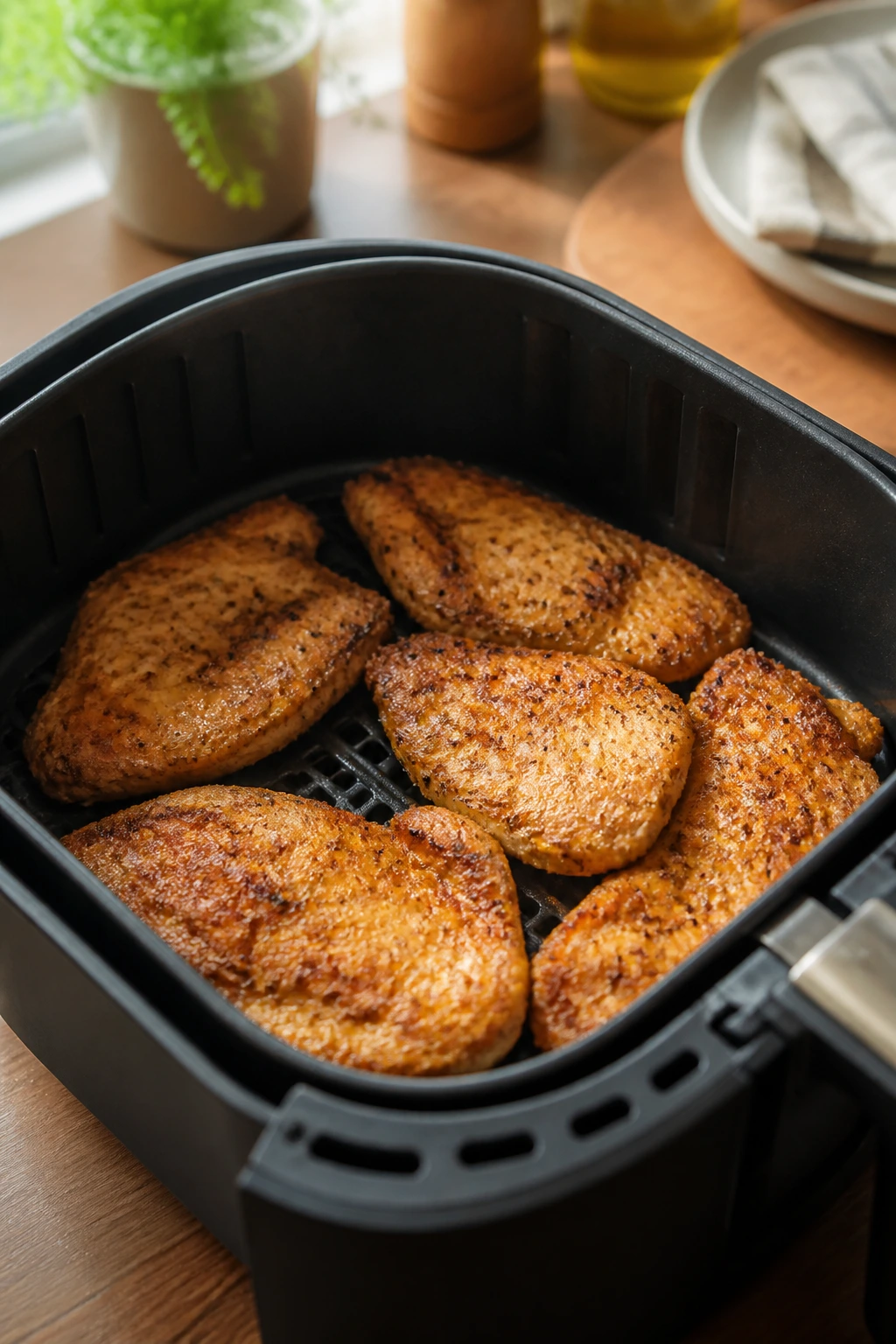 Air fryer basket with thin-cut chicken browning on a kitchen counter.