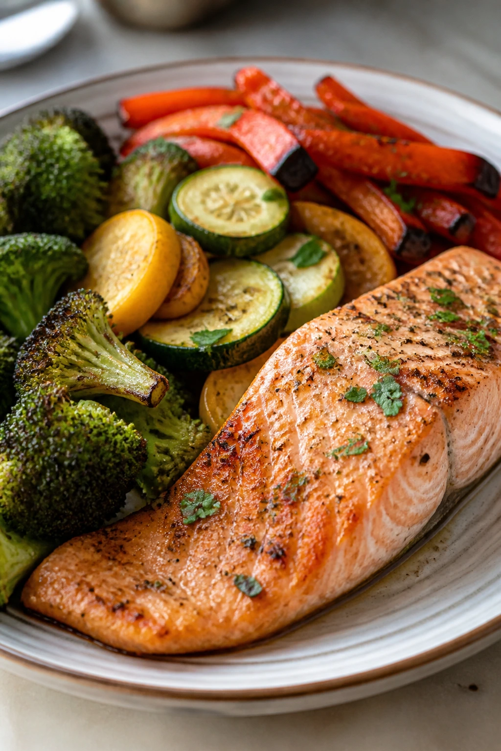 Close-up plate of a healthy air fryer dinner with lean protein and vegetables