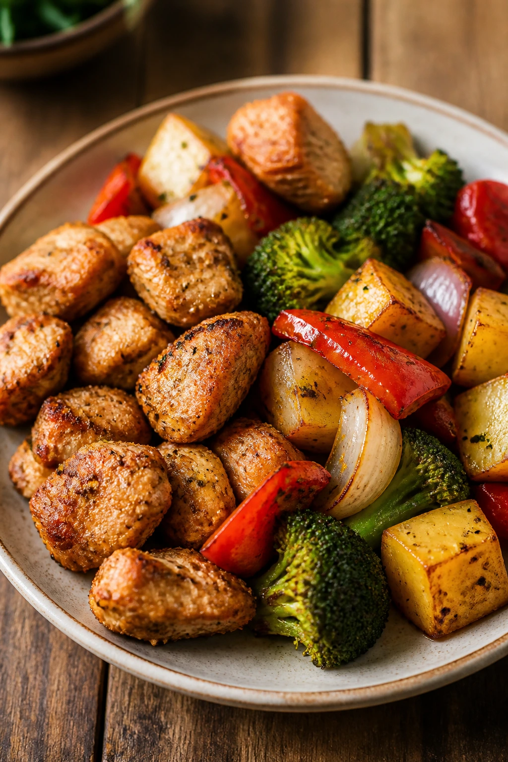 Close-up plated dinner with bite-sized protein and crisp vegetables on a wooden counter