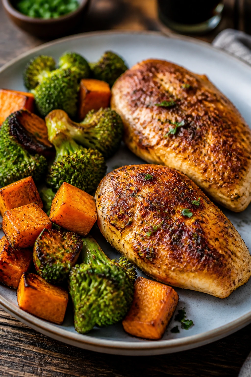 Close-up of a two-serving air fryer dinner on a wooden table with crispy textures