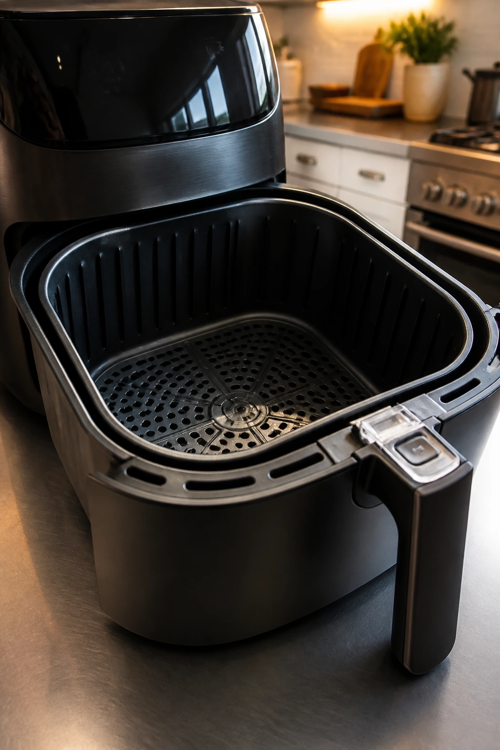 Close-up of a 5-6 quart air fryer basket on a kitchen counter
