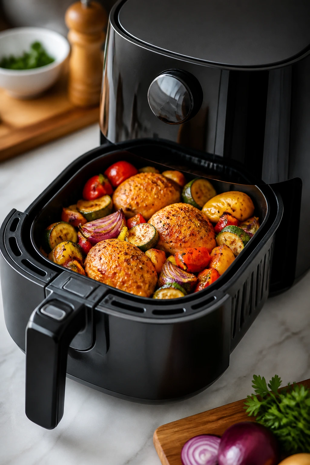 Basket-style air fryer with crispy items inside on kitchen counter