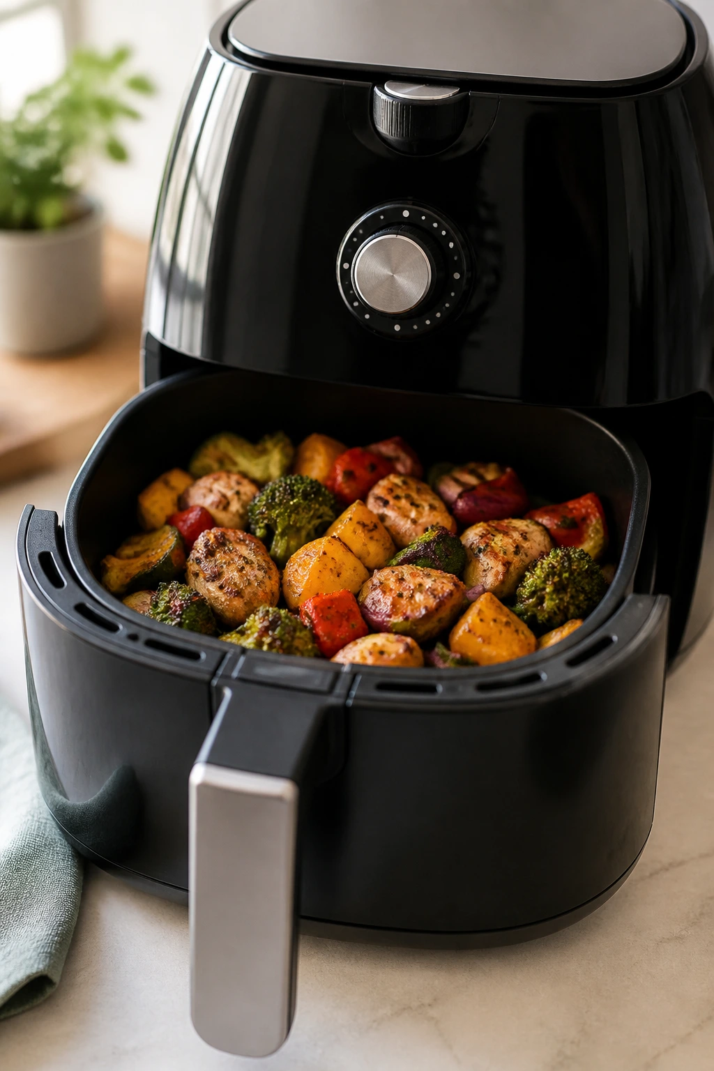 Air fryer with browning vegetables inside on kitchen counter