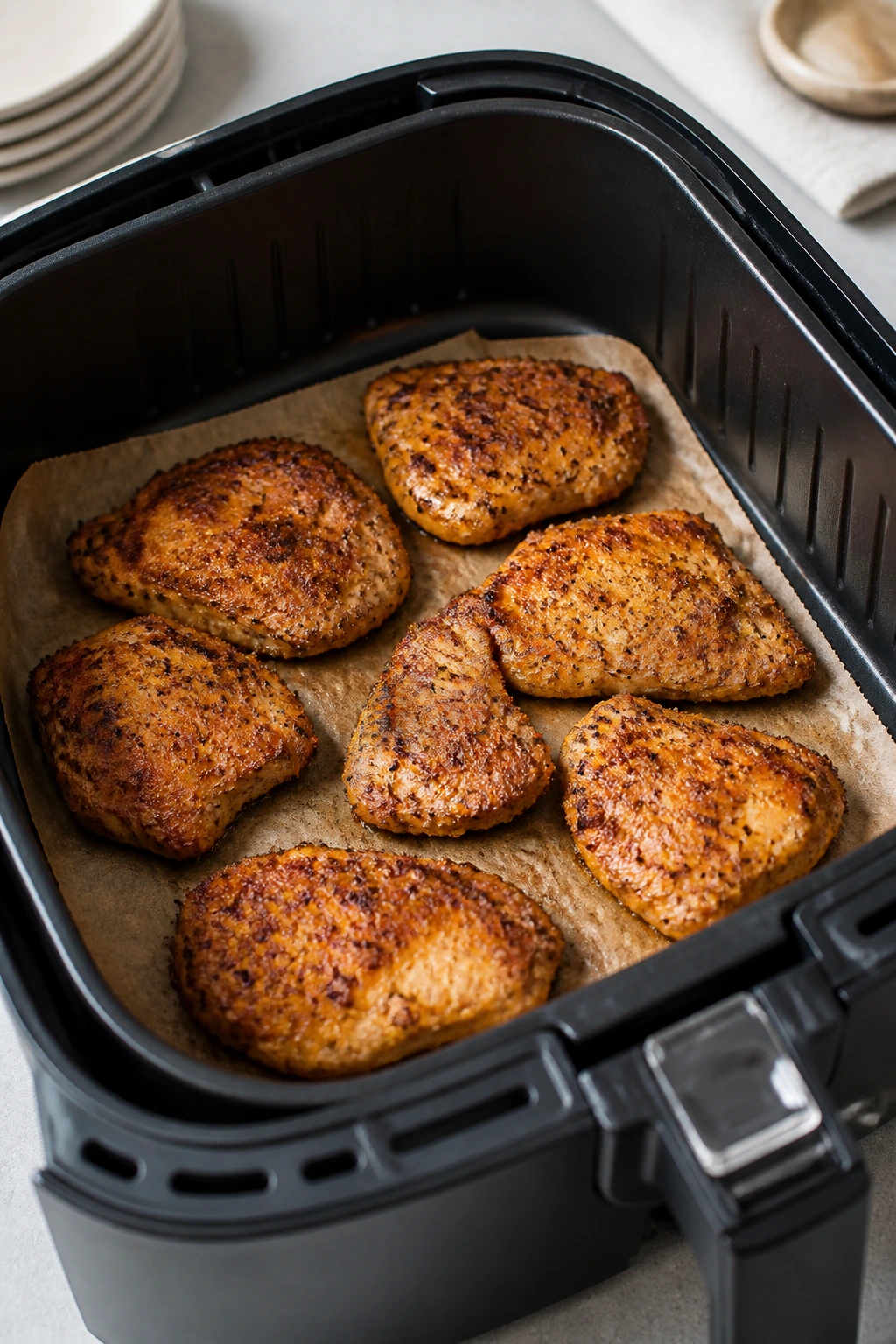 Air fryer basket with single layer chicken pieces, illustrating avoiding crowding.