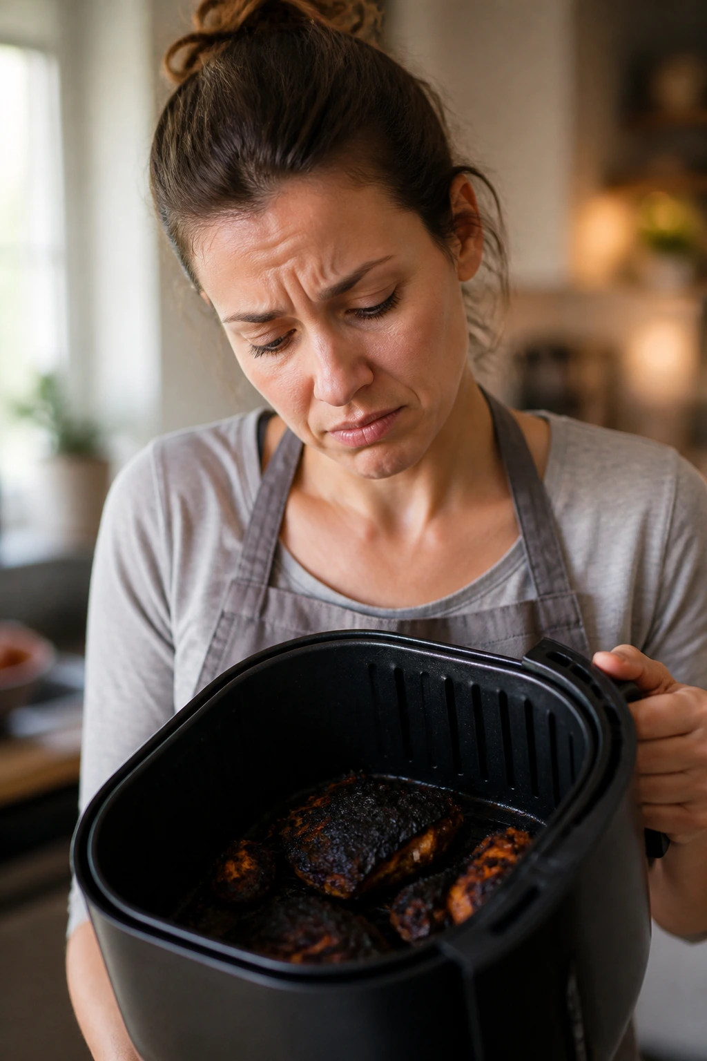 Home cook with concerned expression over burnt dish