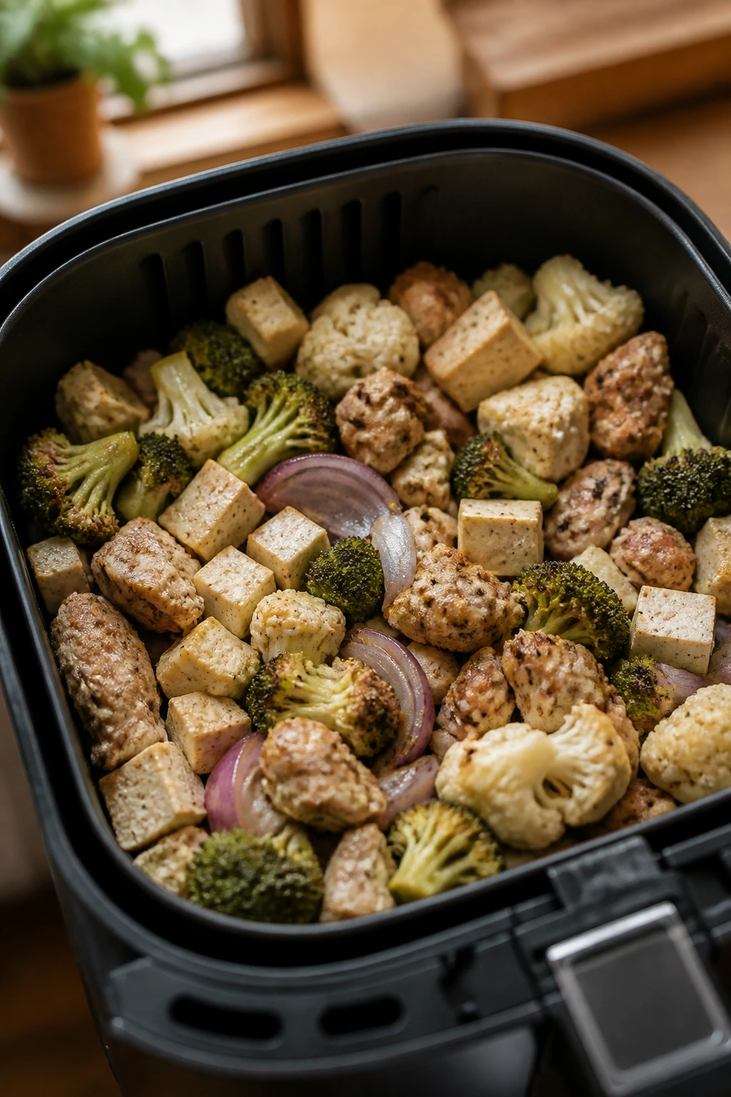 Close-up of an overcrowded air fryer basket with pale vegetables and damp tofu showing poor browning