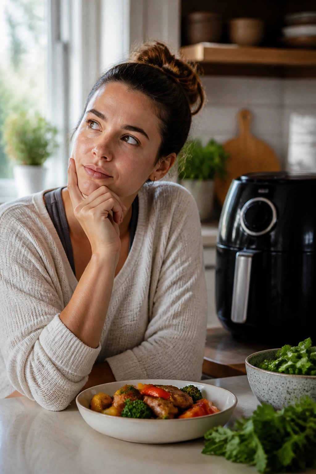 Thoughtful home cook in a kitchen with an air fryer in the background, representing questions about air fryer dinners