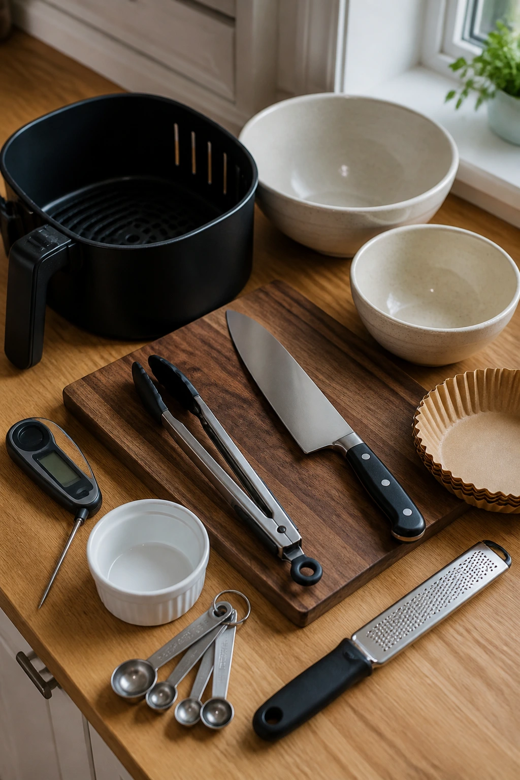 Set of essential air fryer cooking tools laid out on a kitchen counter.