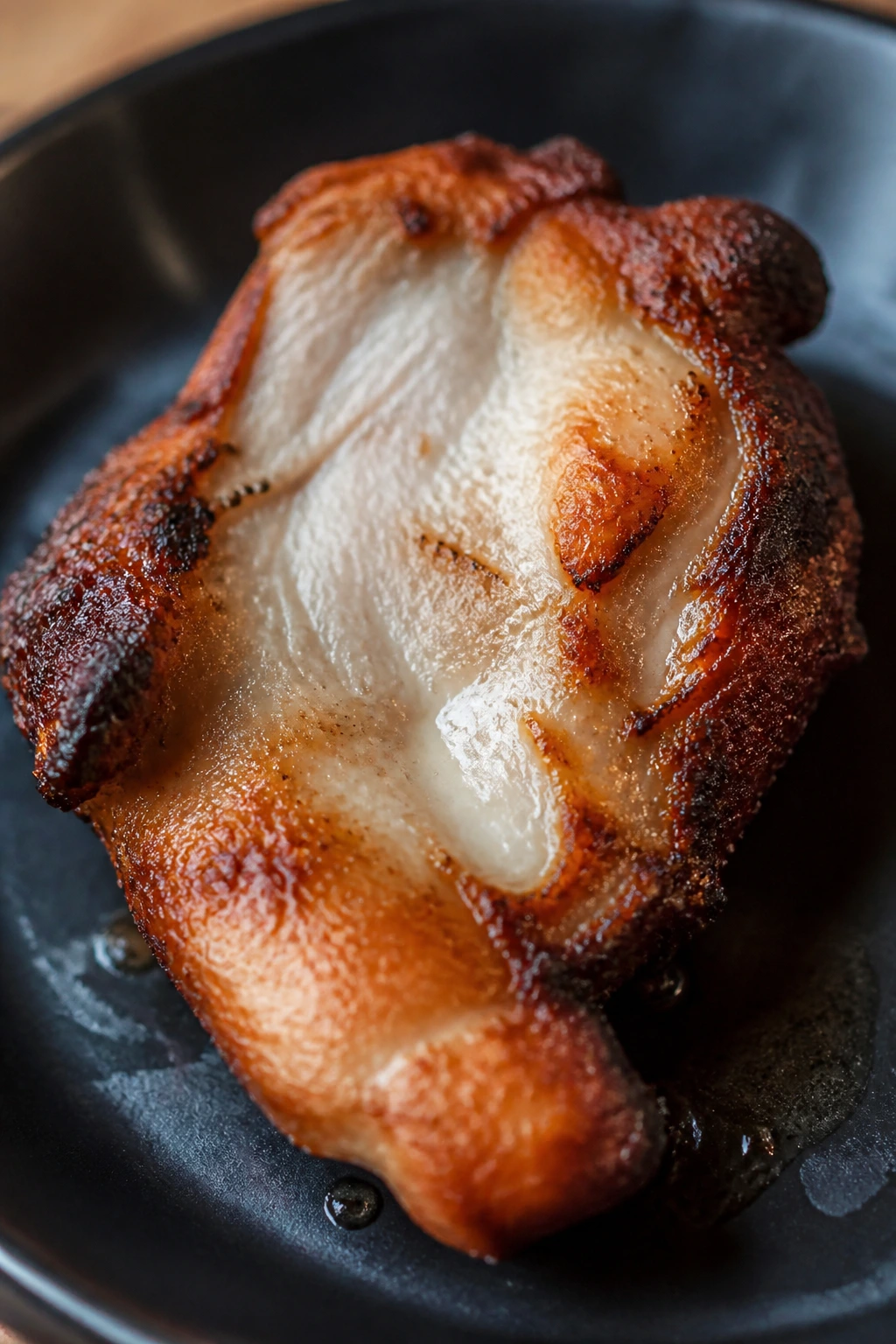 Close-up of uneven browning and pale center on air-fried meat, illustrating common mistakes.