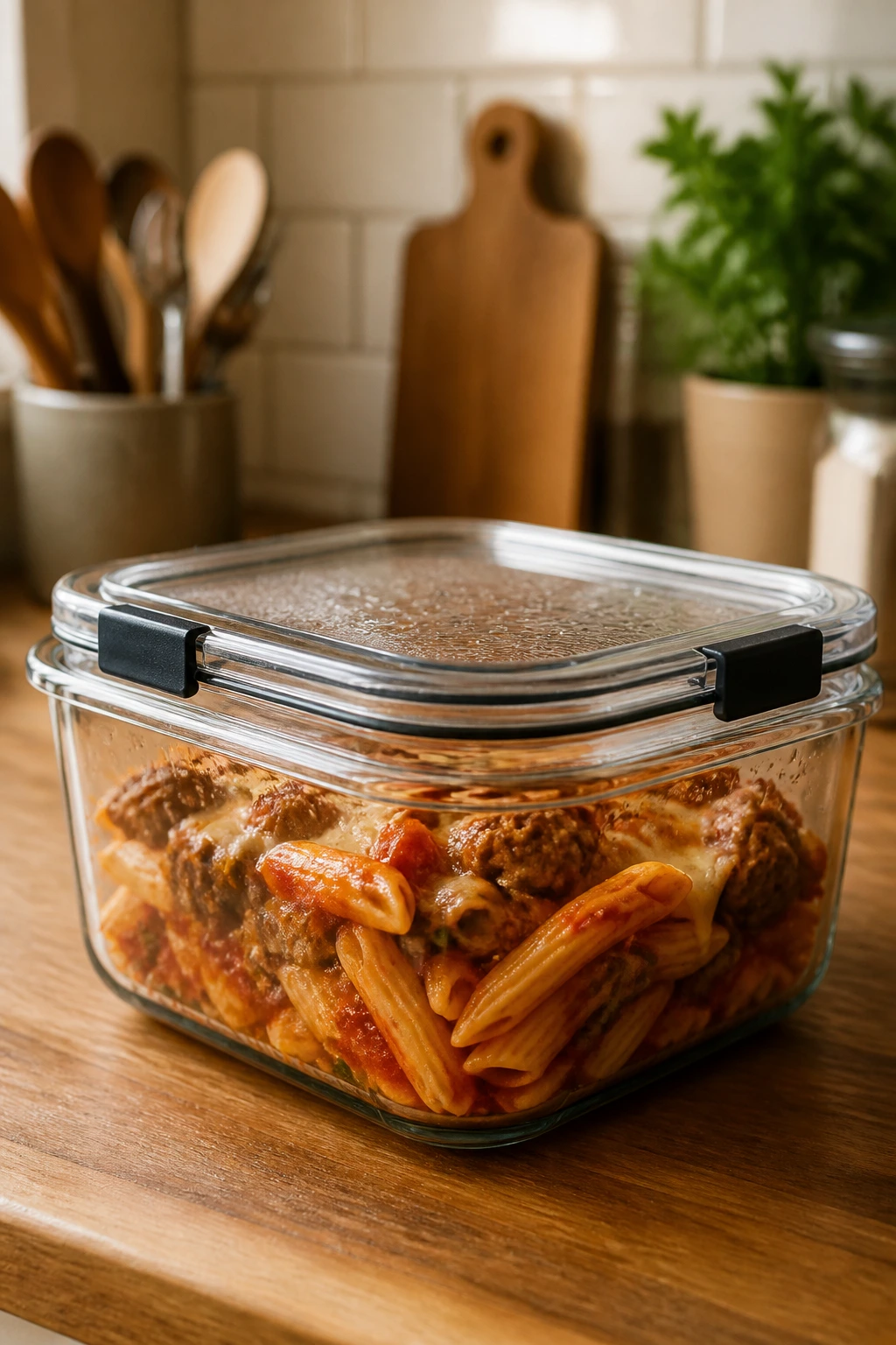 Airtight glass container with leftovers on a kitchen counter