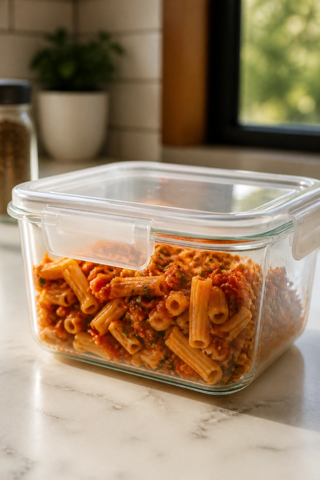 Close-up of a clear airtight container with pasta leftovers.