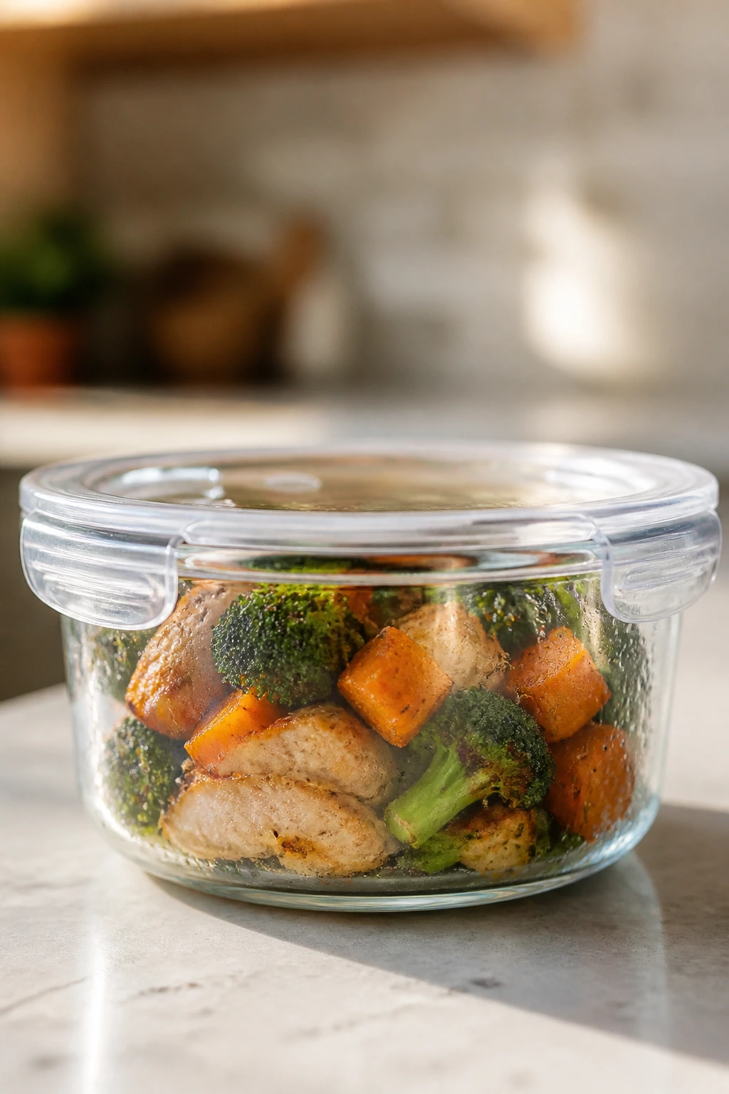 Clear airtight storage container with leftovers on kitchen counter