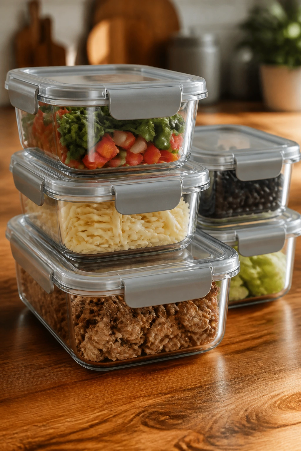 Glass airtight storage containers on a kitchen counter