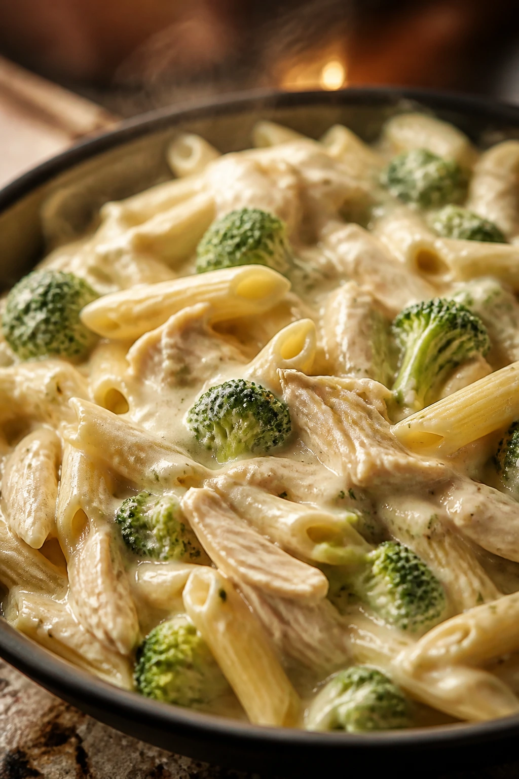 Creamy Alfredo chicken and broccoli pasta in a bowl
