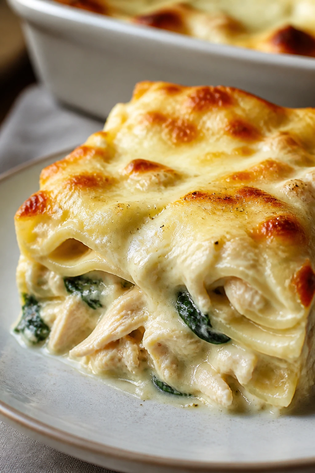 Close-up of White Chicken Alfredo Lasagna slice with creamy sauce