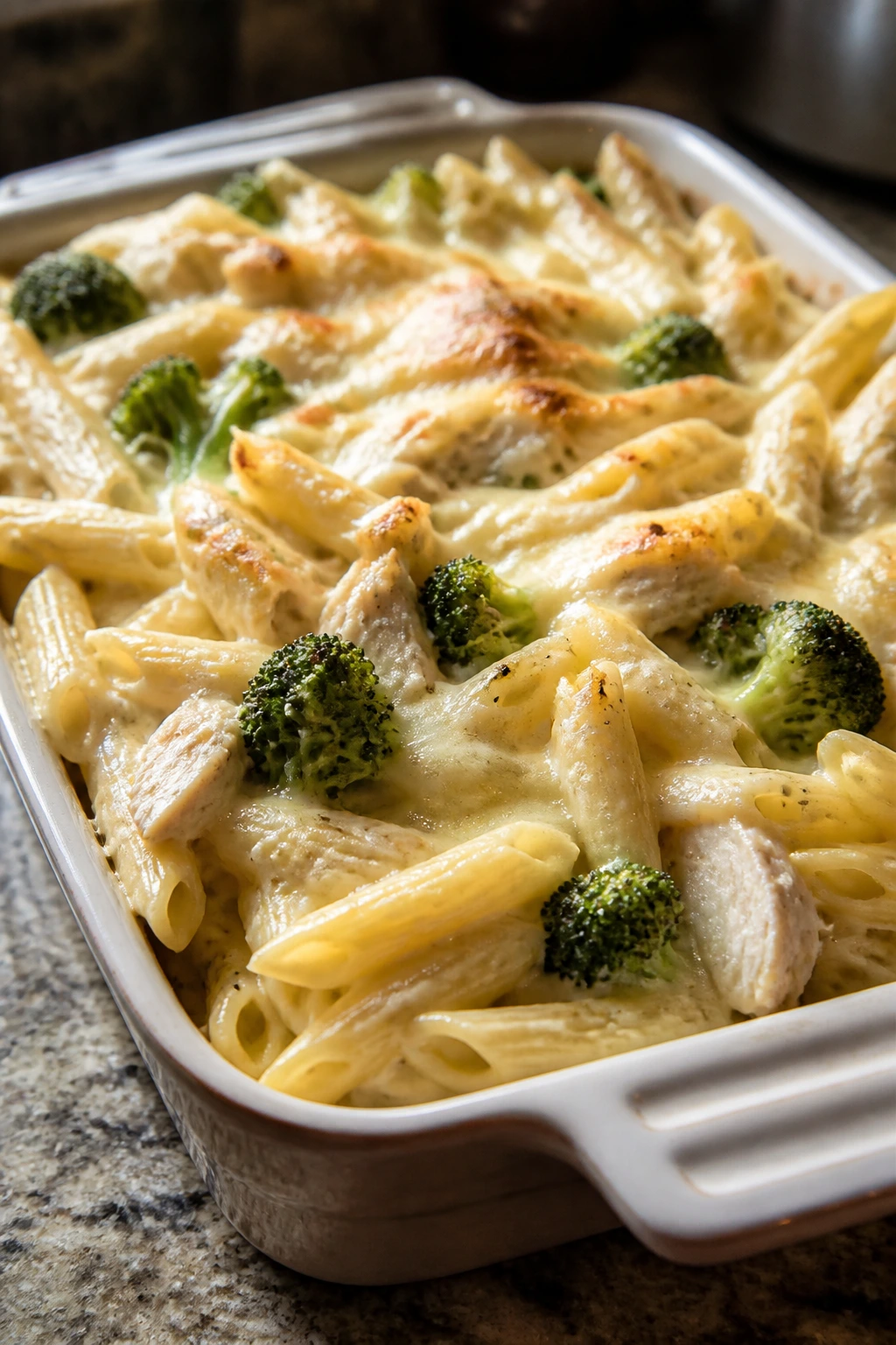 Creamy chicken Alfredo pasta bake with broccoli in a dish