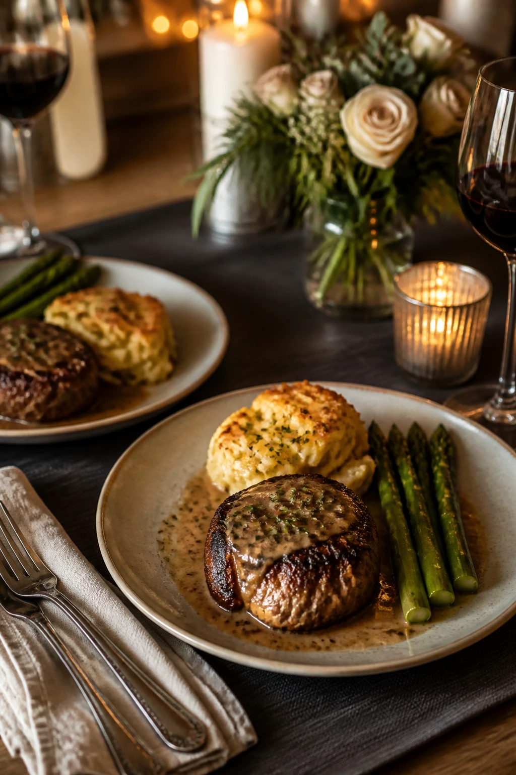 Close-up of two plated dinners on a warm home dining table