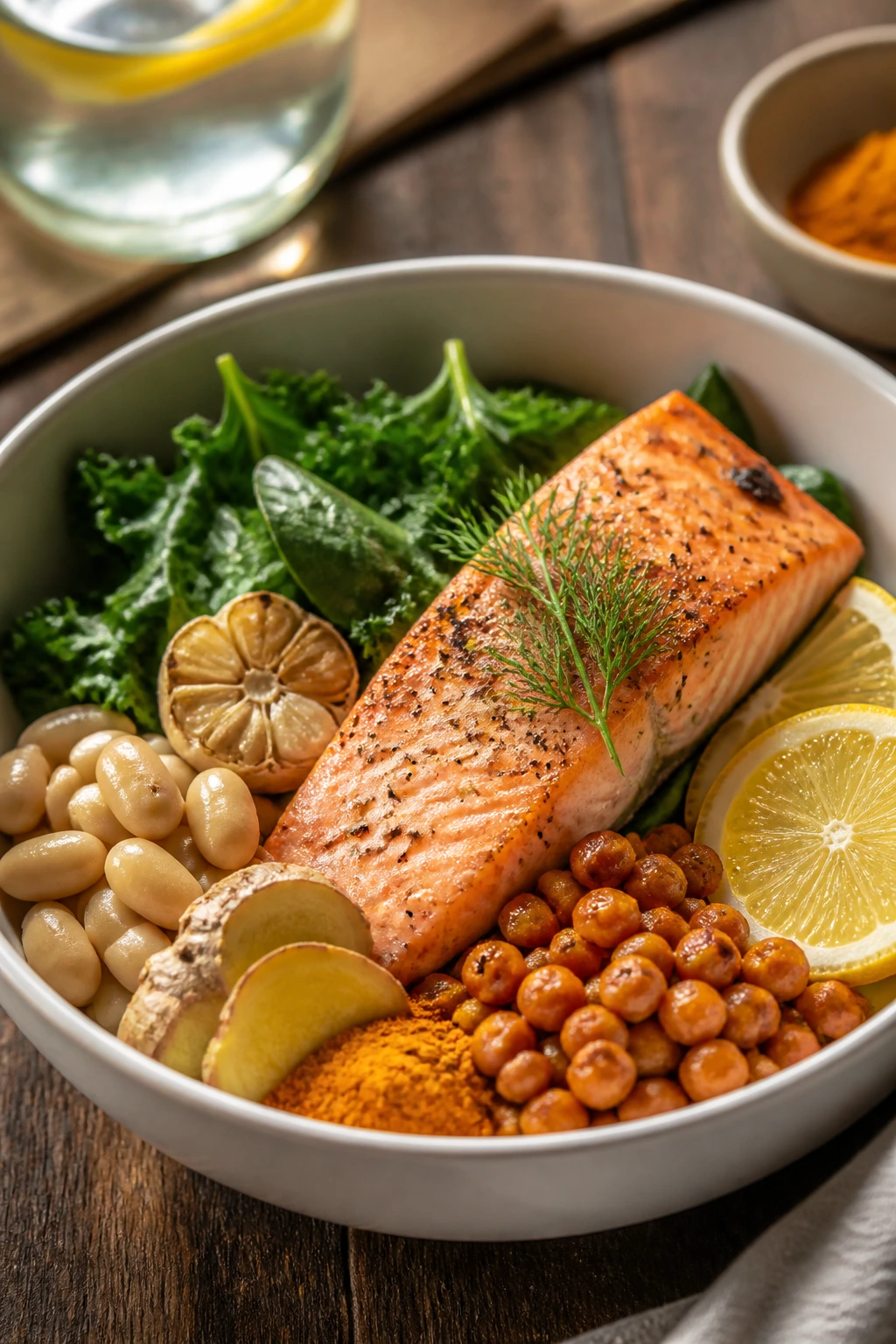 Close-up of an anti-inflammatory bowl with salmon and greens on a wooden table