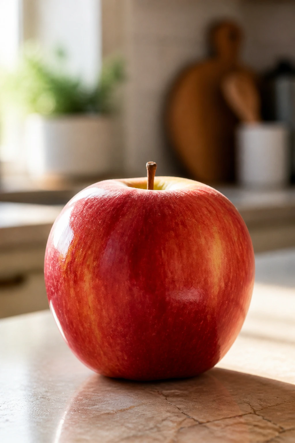 Single apple on kitchen counter in natural light