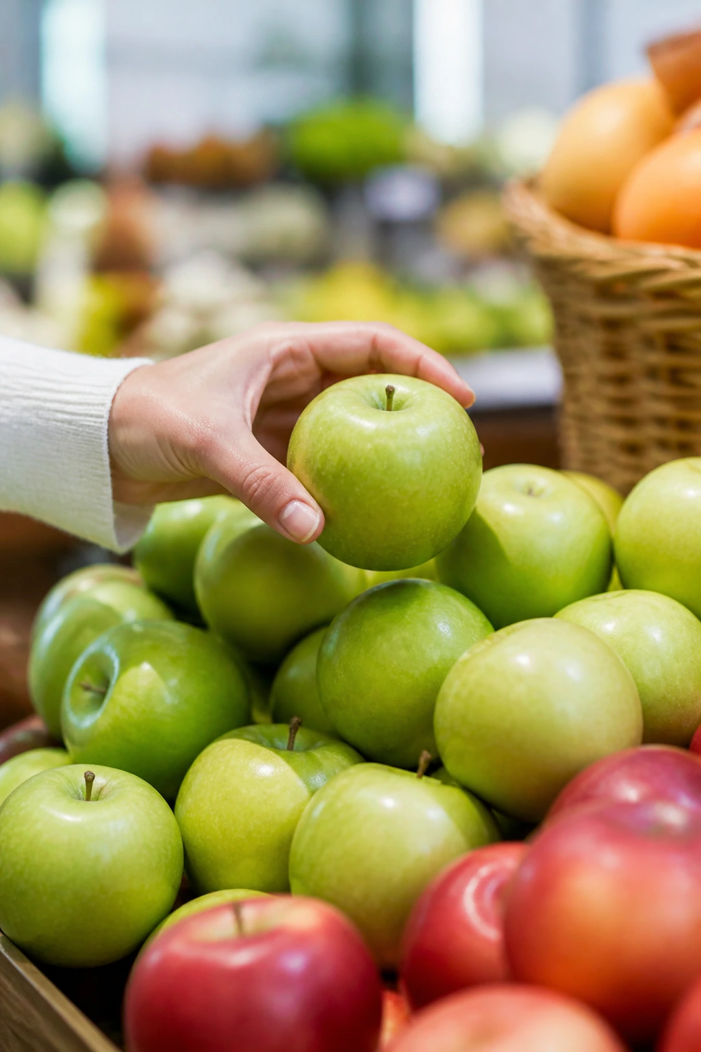 Close-up of a hand picking Granny Smith apple in market
