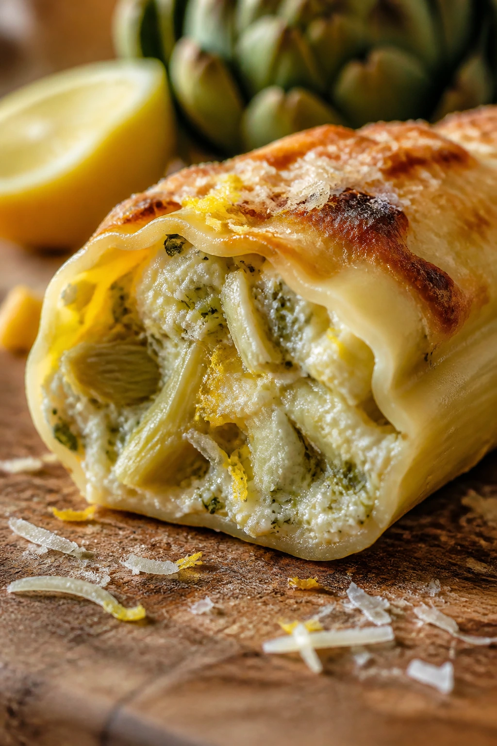 Close-up of artichoke and lemon ricotta stuffed manicotti on a wooden board