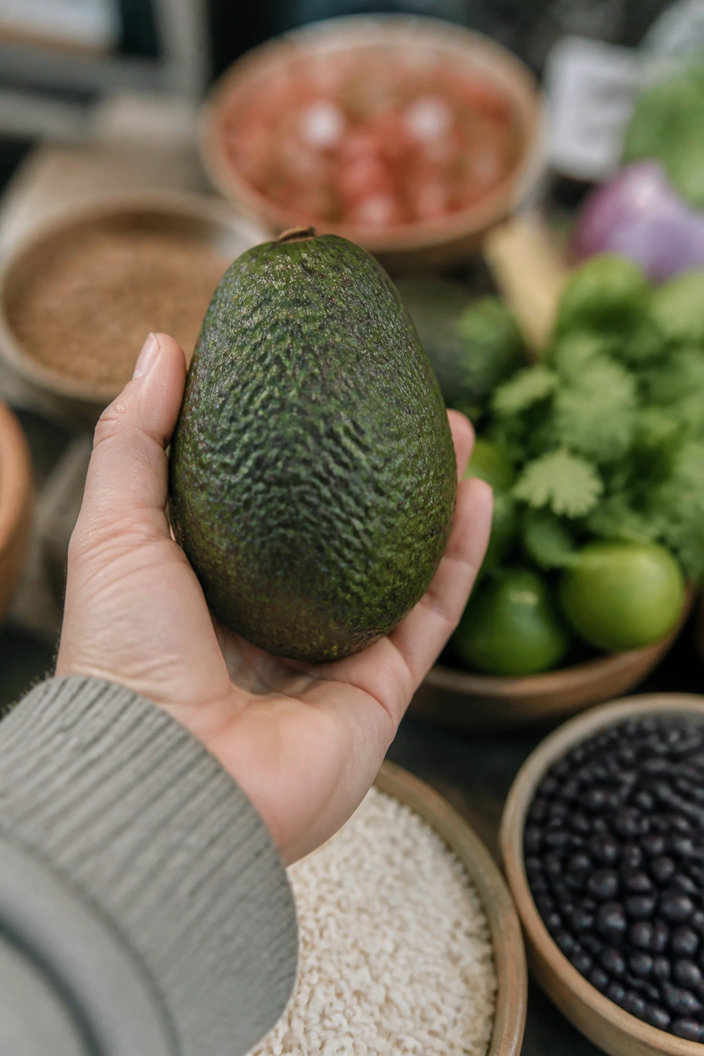Close-up of avocado in a shopper's hand at market with grocery items blurred