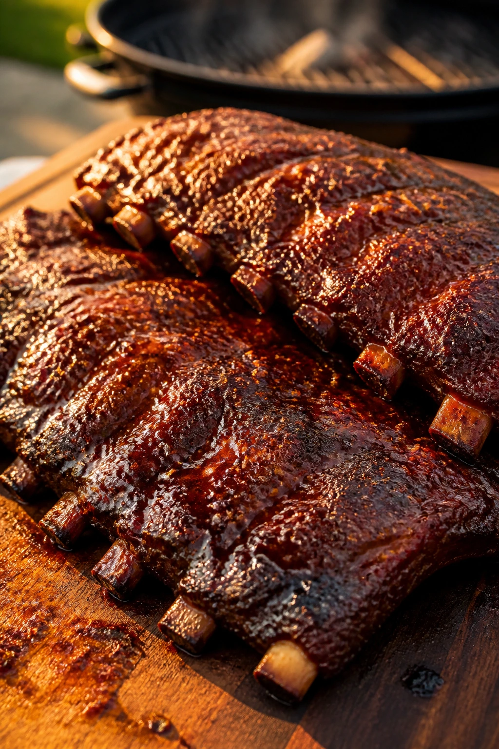 Close-up of glossy baby back ribs with dry rub and glaze on cutting board