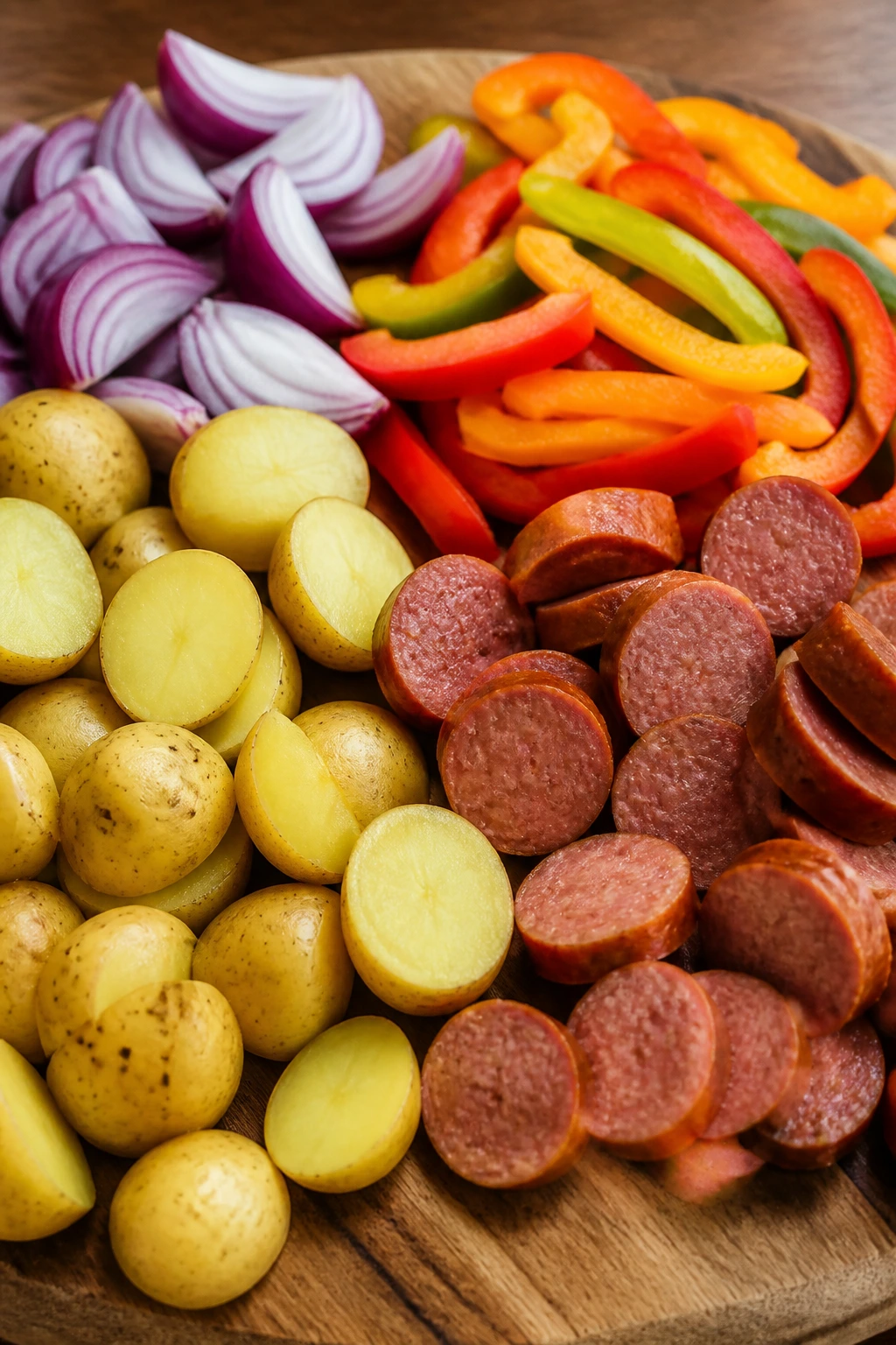 Close-up of baby potatoes, dairy-free sausage, peppers and onion on cutting board