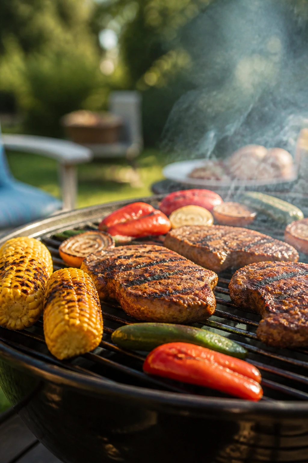 Grill grate with sizzling food and smoke in a sunlit backyard