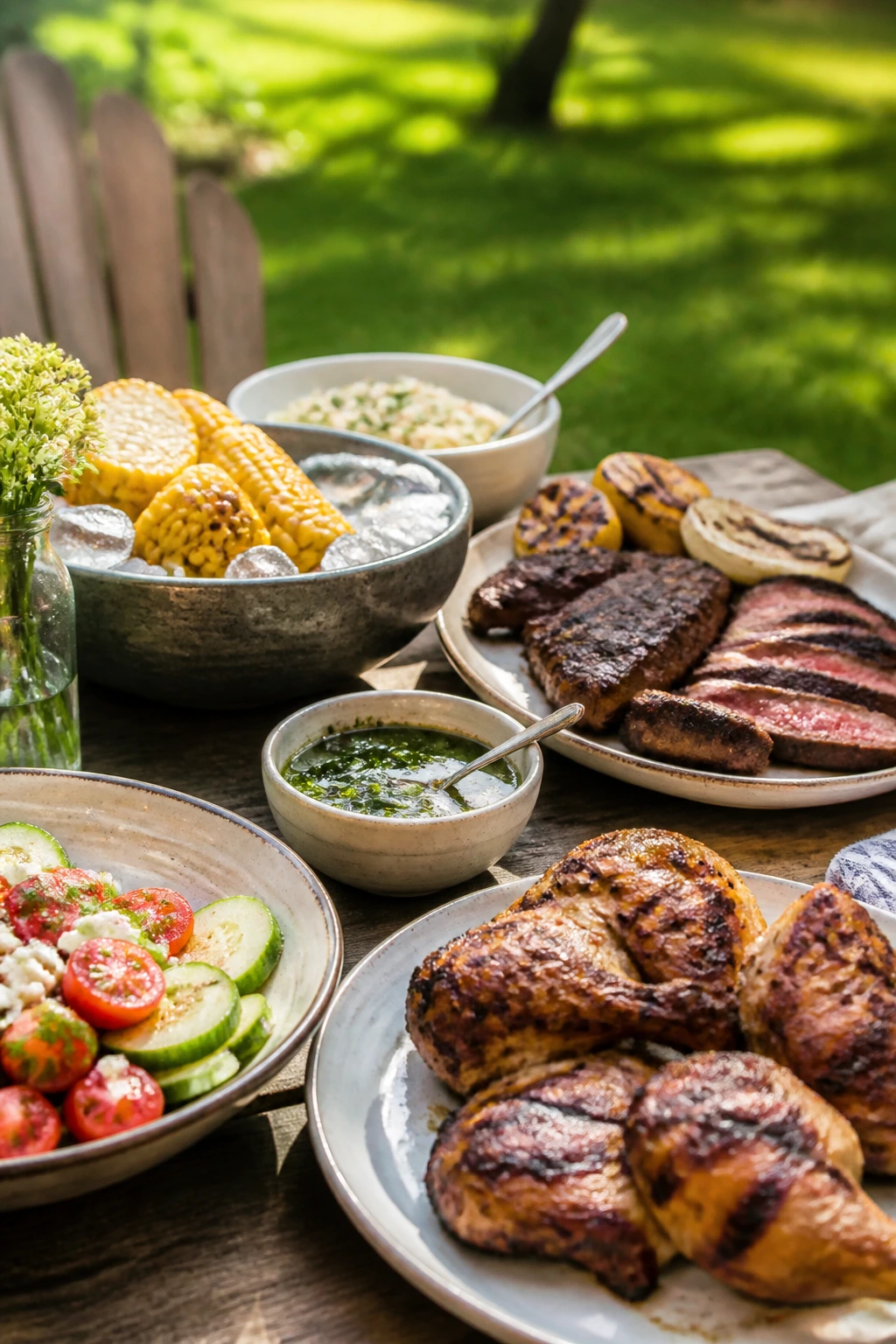 Close-up of an easy backyard table setup with simple dishes in a sunny yard