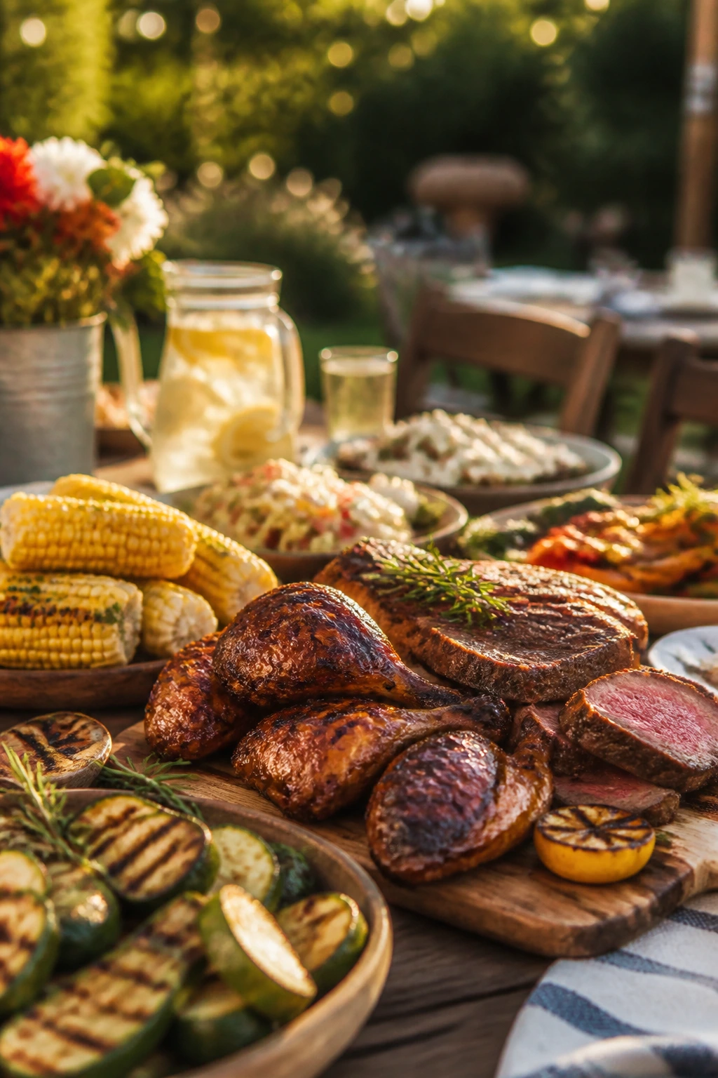 Backyard table with a spread of grilled dishes under warm sunset light