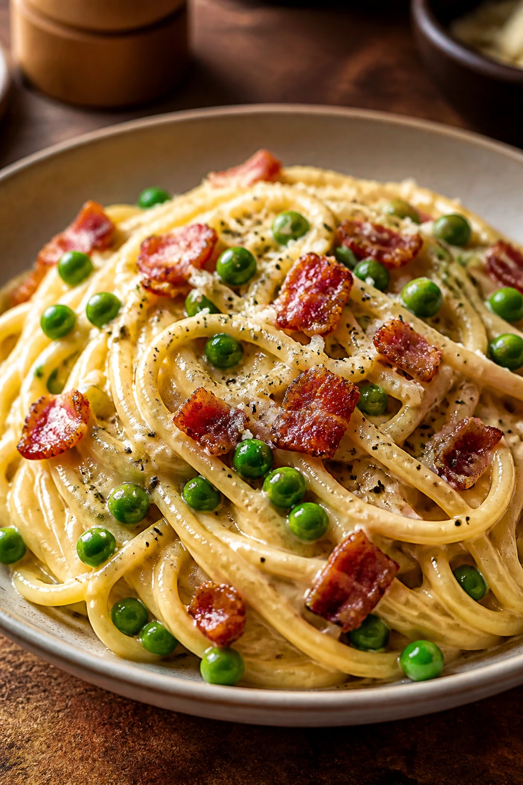 Spaghetti carbonara with bacon and peas