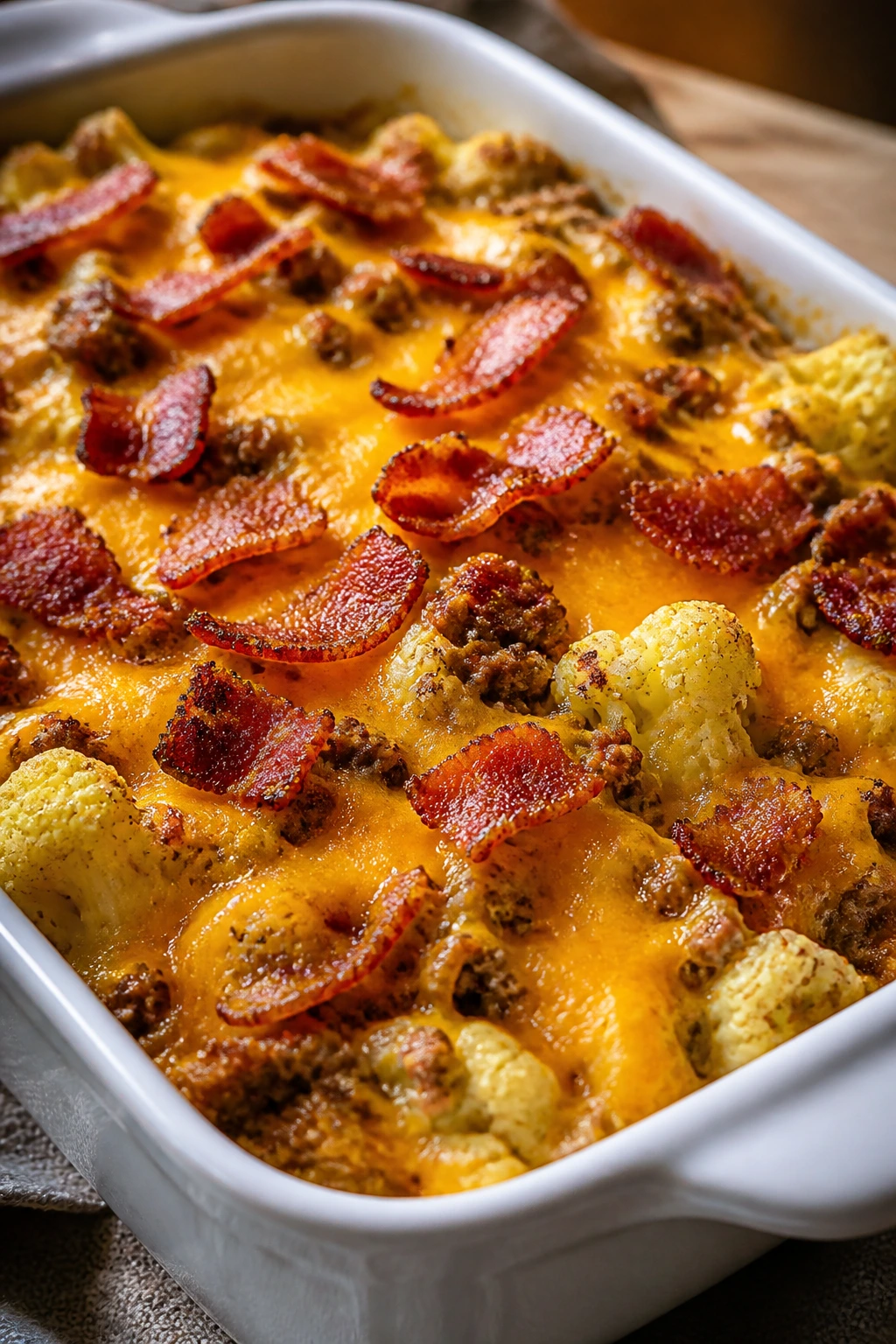 Close-up of Bacon Cheeseburger Cauliflower Bake with bacon and cheddar