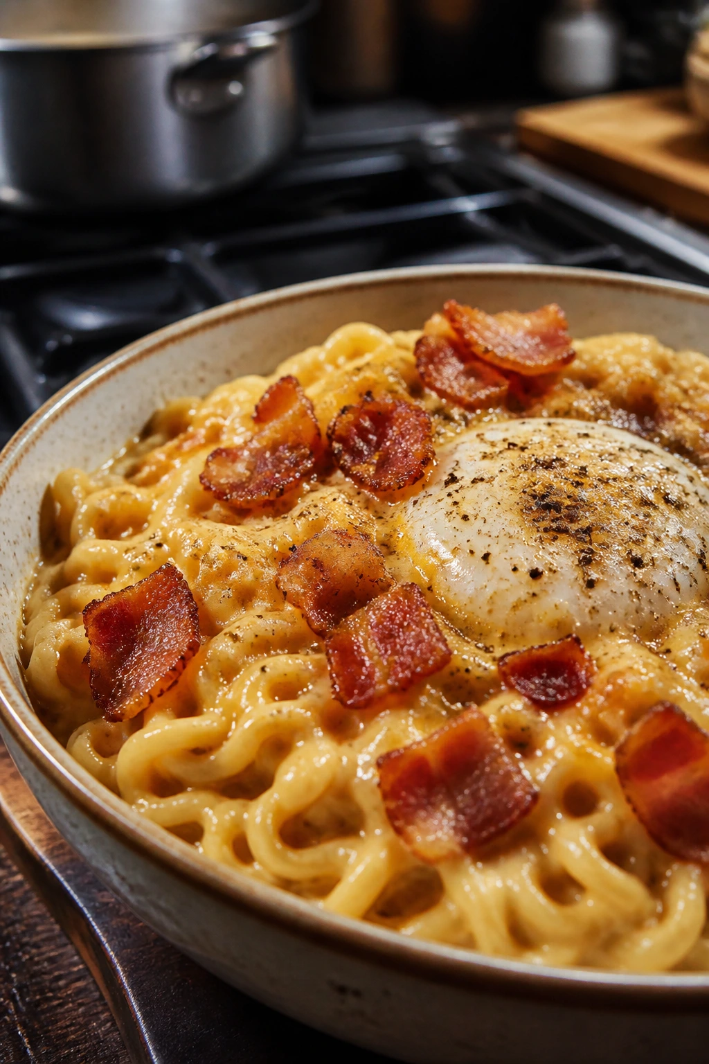 Ramen carbonara with bacon and cheese