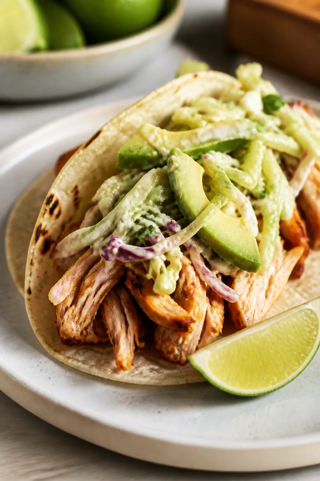 Close-up of Baja chicken taco with avocado slaw and lime.