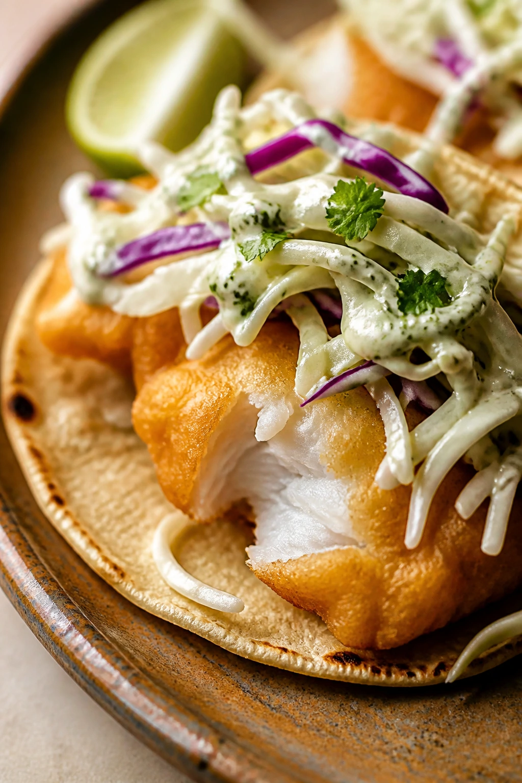 Close-up of crispy Baja fish taco with cabbage slaw