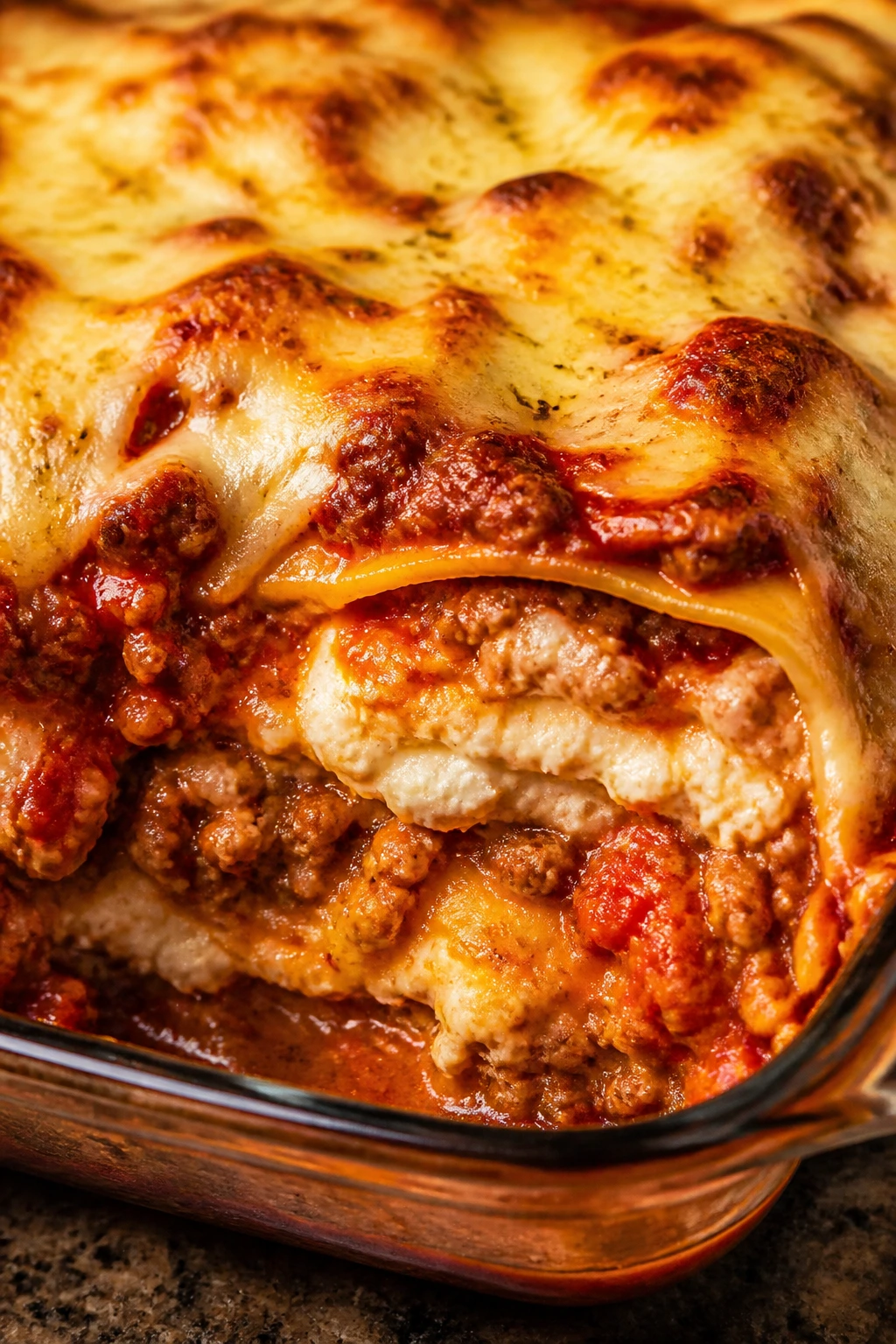 Layered baked beef ravioli with ricotta and mozzarella