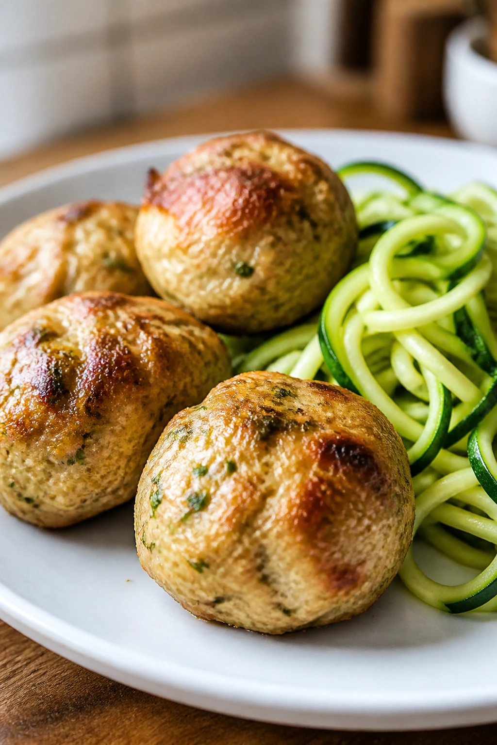 Close-up of baked chicken meatballs with zucchini noodles on a plate in a warm kitchen