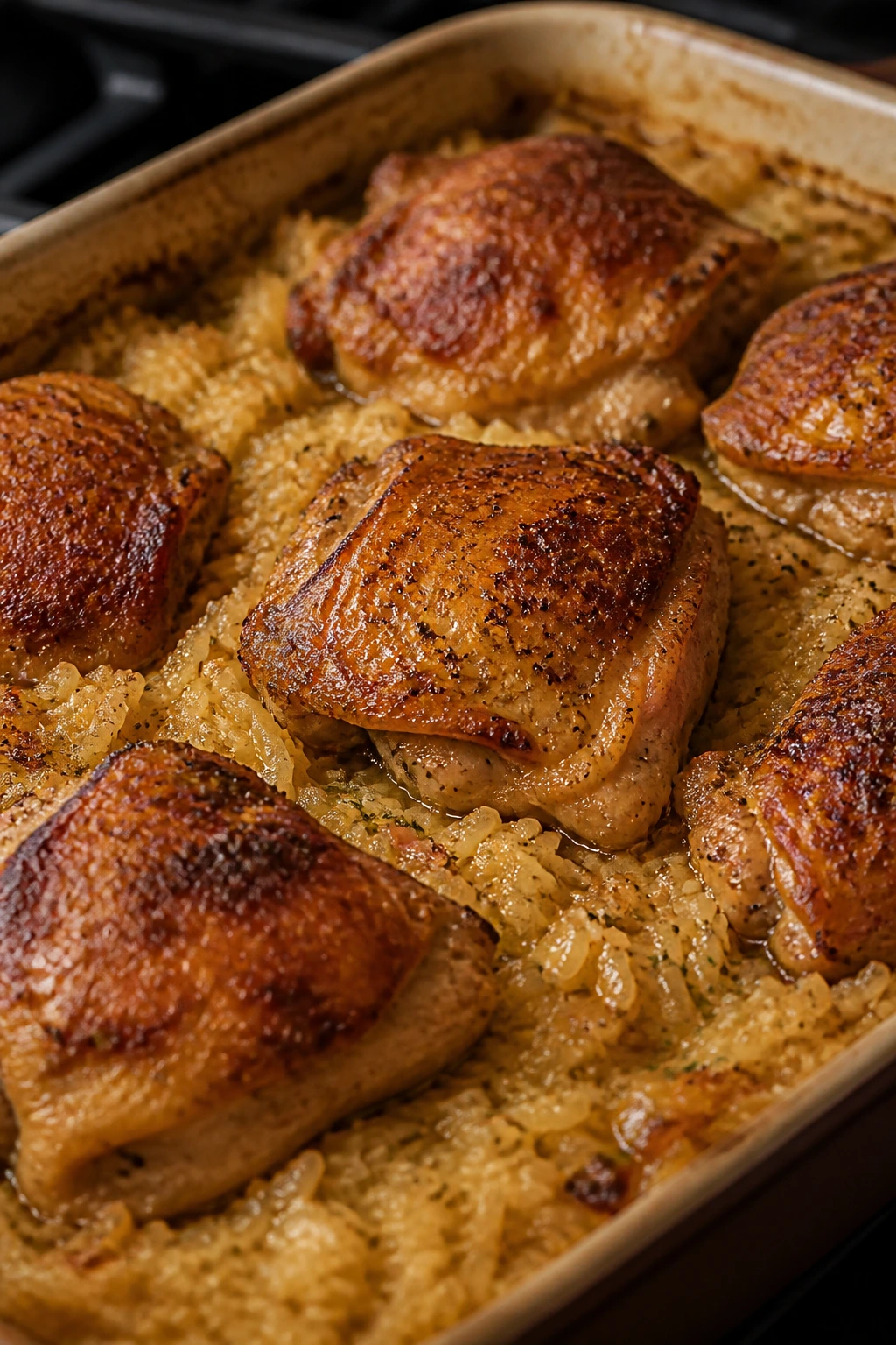 Baked chicken and rice in a baking dish with browned skin