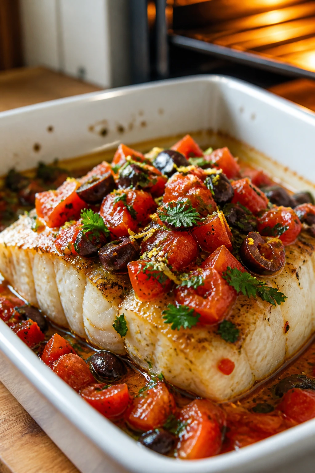 Close-up of baked cod with tomato-olive relish on a white dish in a warm kitchen