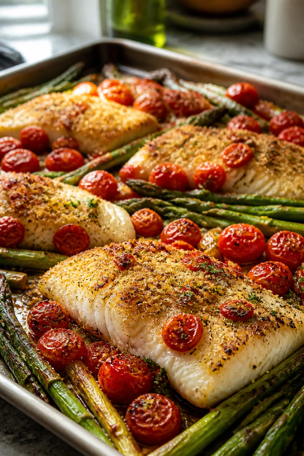 Close-up of baked cod with cherry tomatoes and asparagus on a sheet pan