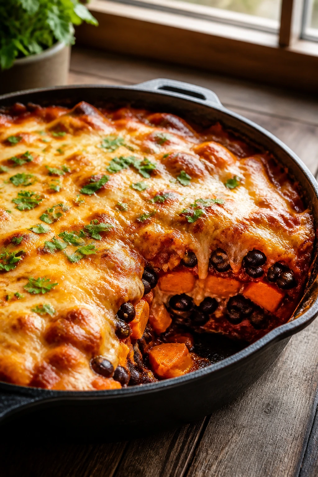 Close-up of Black Bean and Sweet Potato Enchilada Bake in a cast-iron pan with layers of sweet potatoes, beans, sauce, and melted cheese.