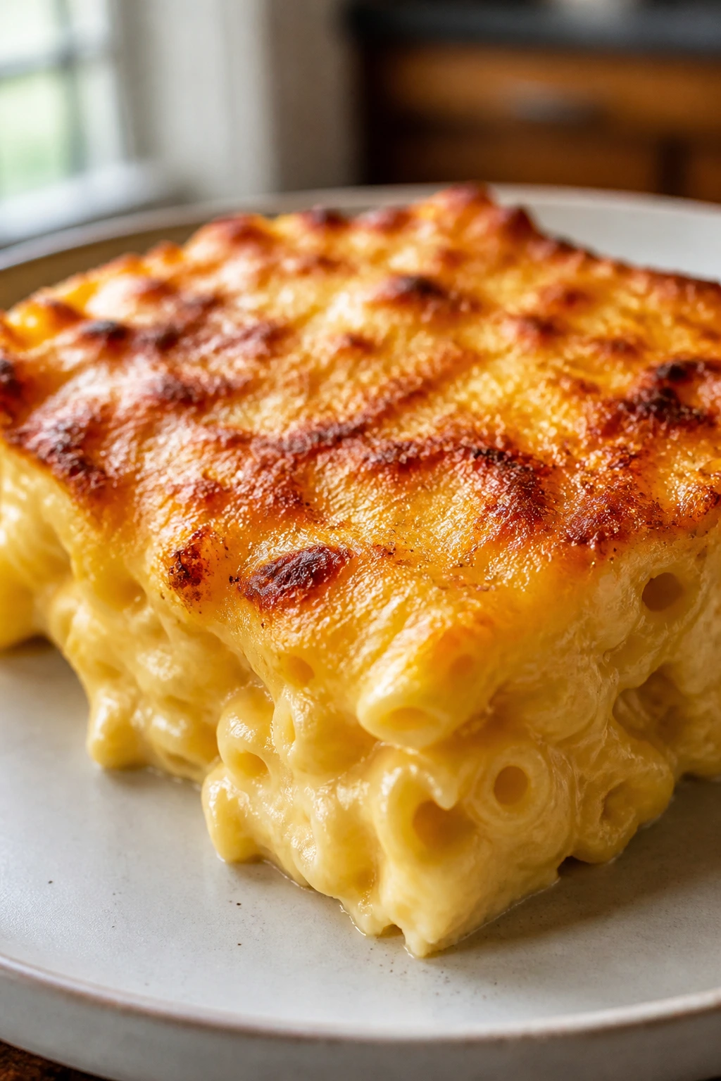 Slice of baked macaroni and cheese with browned top
